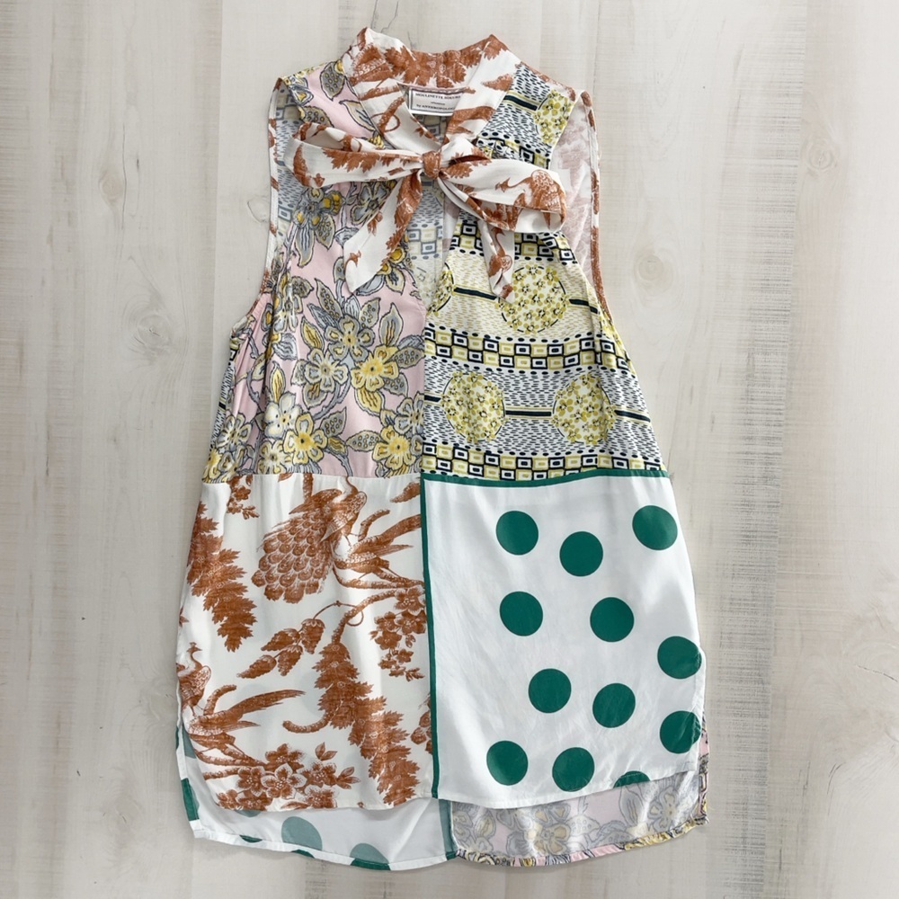 MOULINETTE SOEURS Anthropologie patchwork printed bow blouse top pink work
